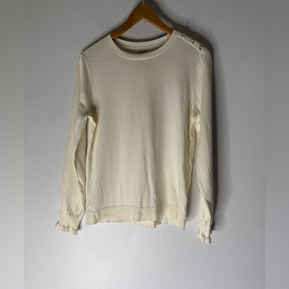 NWT J Crew Factory Cream‎ Ruffle Rhinestone Cotton Sweater Medium